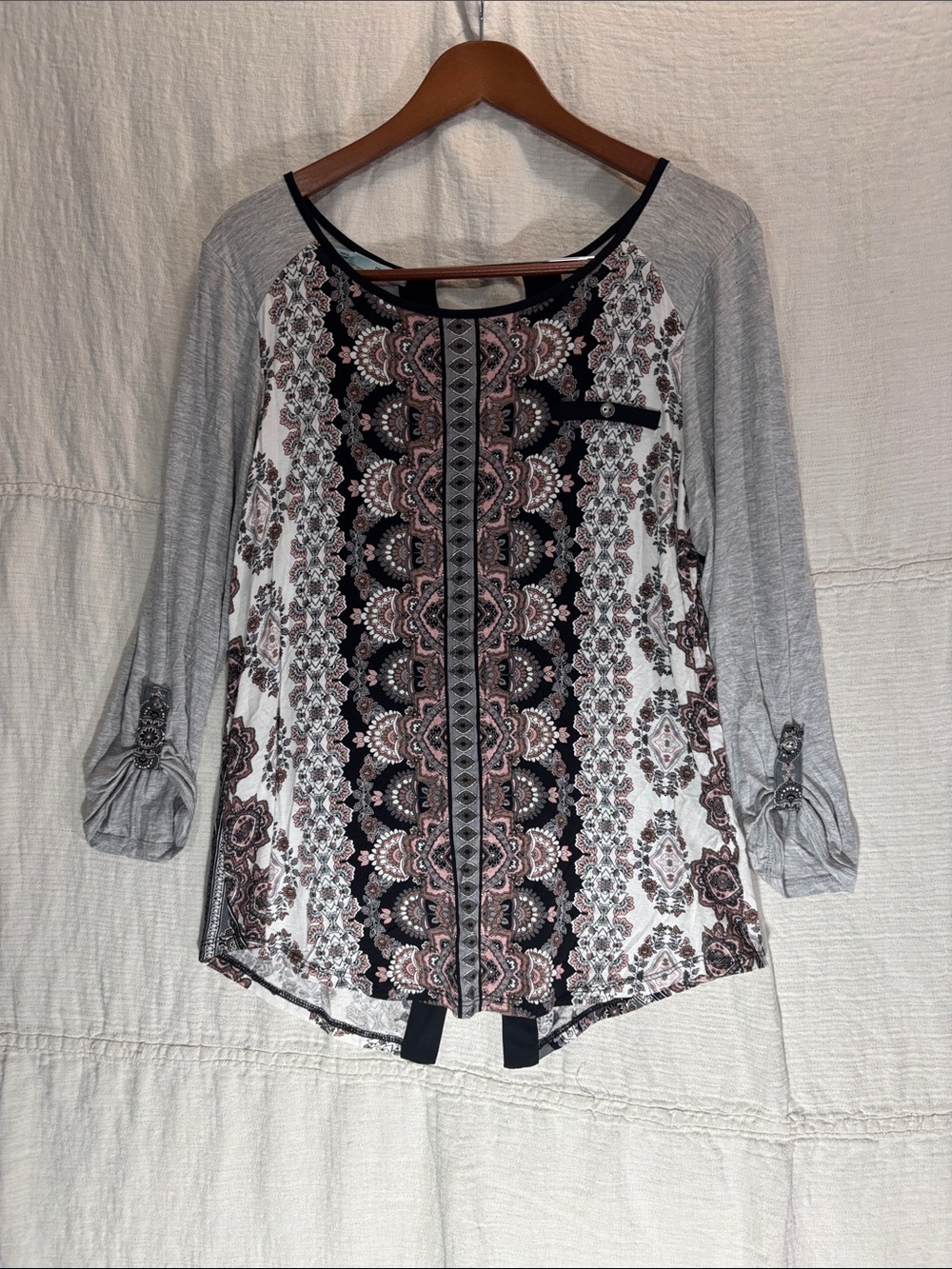Maurices Gray and Pink Paisley Raglan Tunic Top